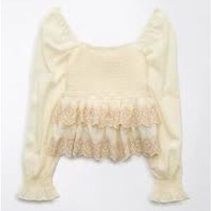 Cream Lace Puff Sleeve Shirt